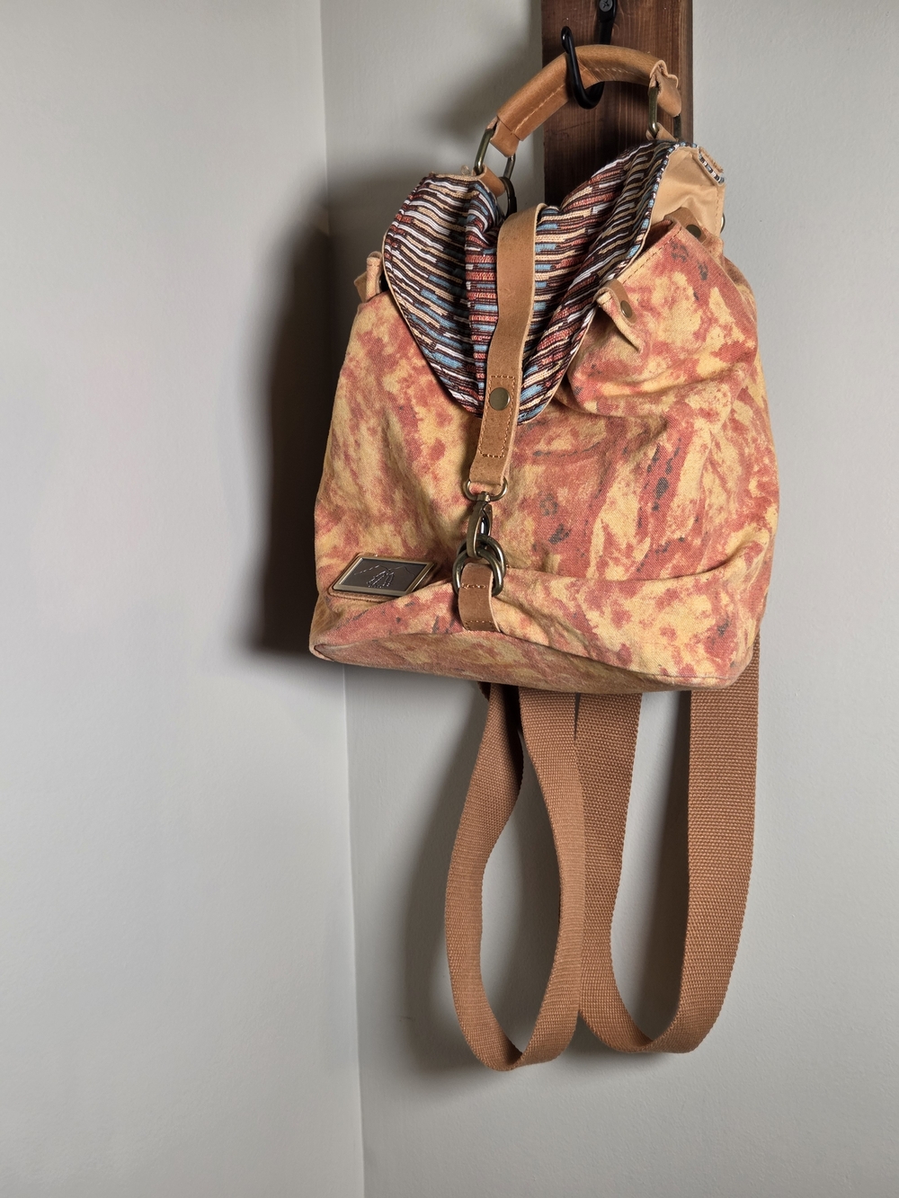 Vintage Boho Tie-Dye Canvas Backpack with Leather Accents